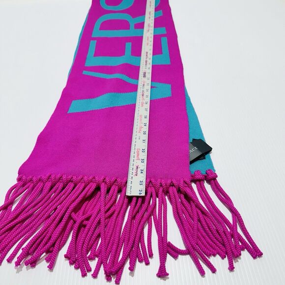 NWT Versace Reversible Teal Pink Fringed Wool Jacquard Logo Scarf 72"x12" $825 - Picture 9 of 13